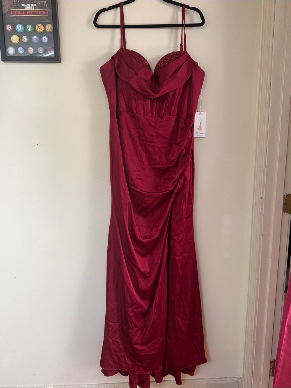 Elegant burgundy Satin Evening Gown - Spaghetti Strap beaded embroidered
